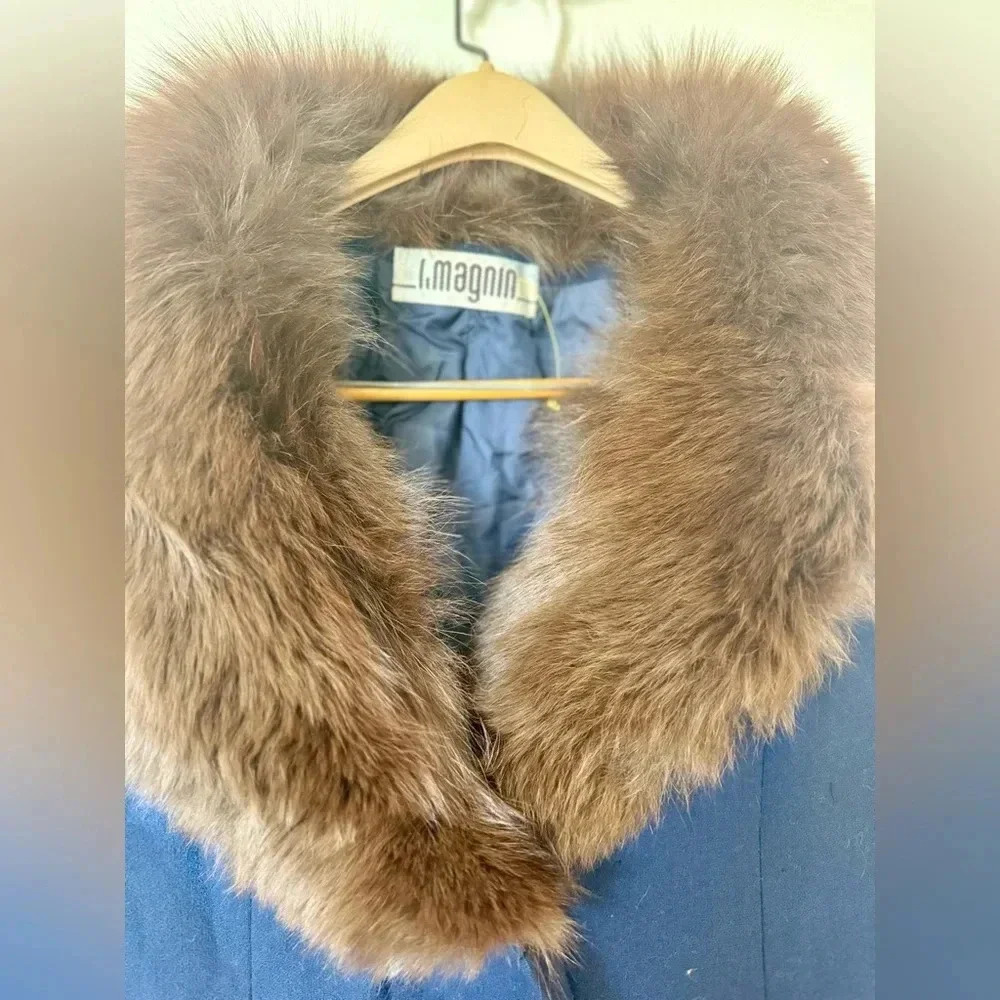 Vintage Blue Wool Coat With Fur Collar - Picture 4 of 5